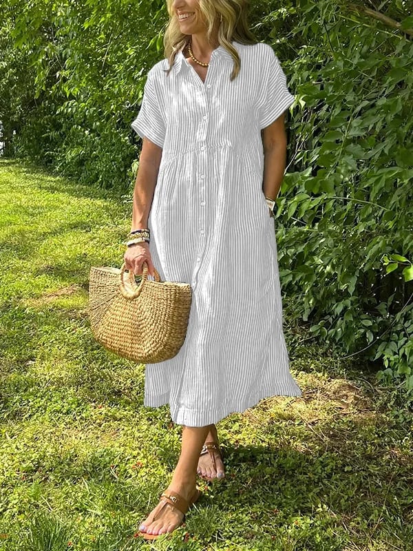 Marina™ Elegant Striped Maxi Shirt Dress with Pockets