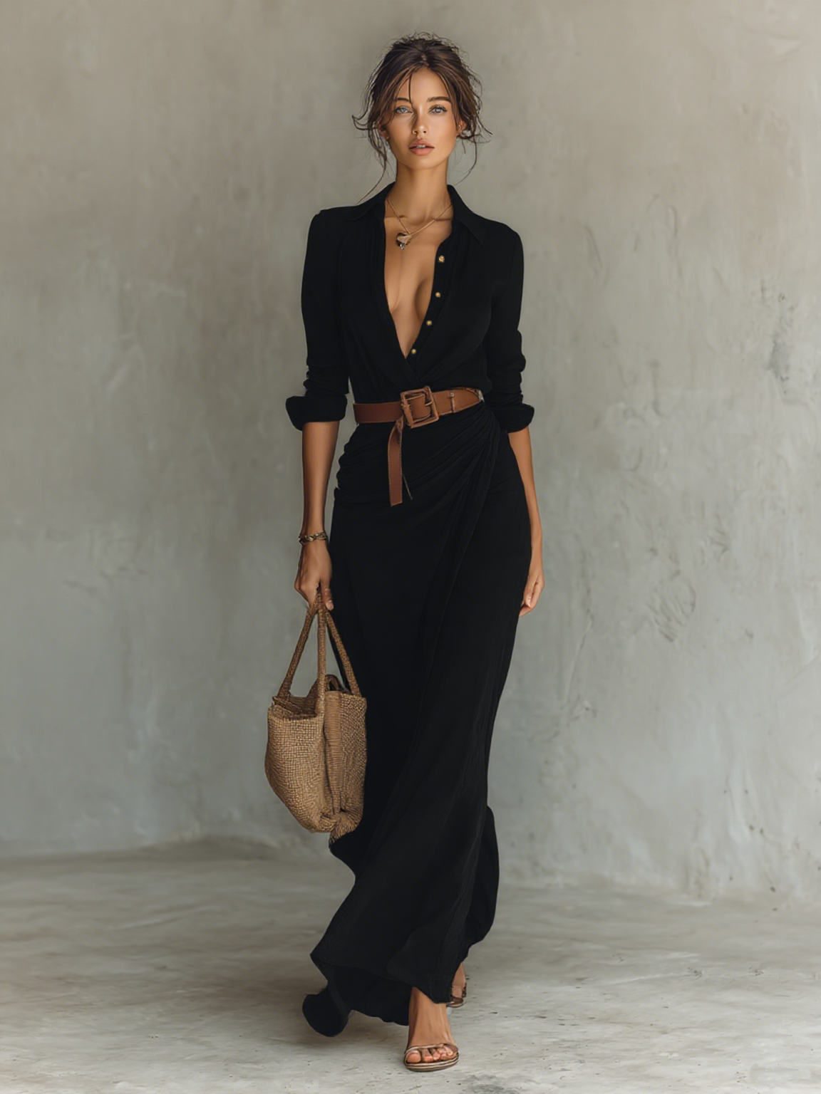 Mallory™ Long Maxi Dress with Lapel Collar & Belt