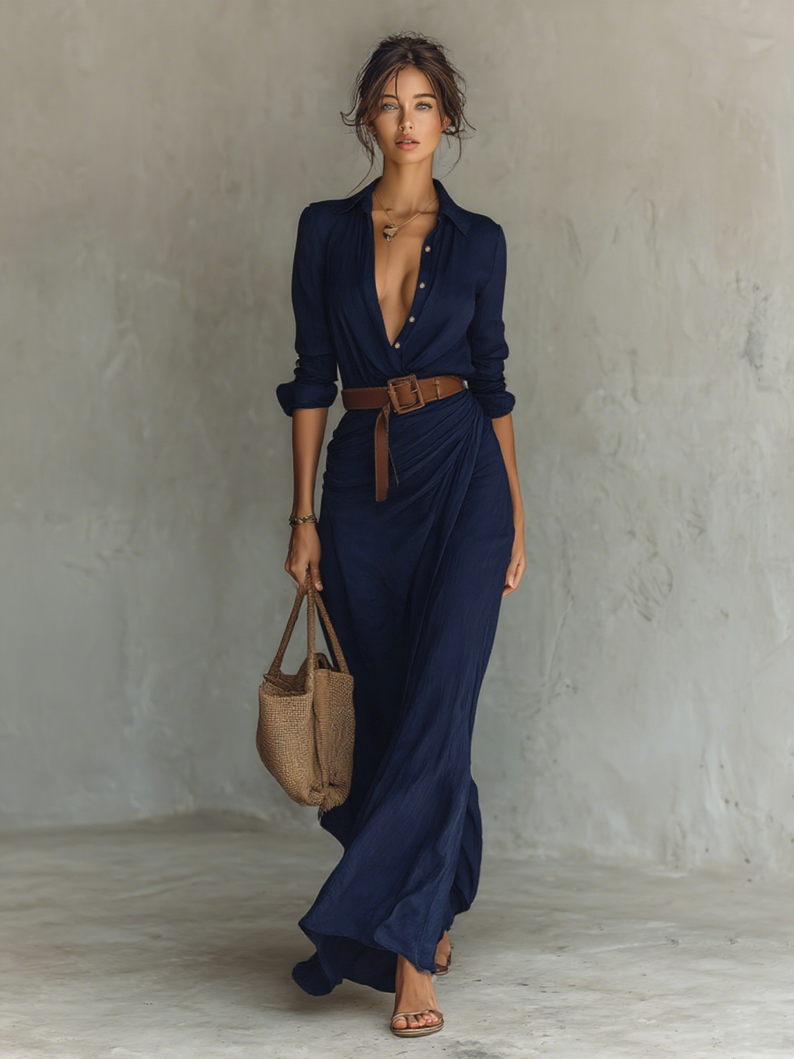 Mallory™ Long Maxi Dress with Lapel Collar & Belt