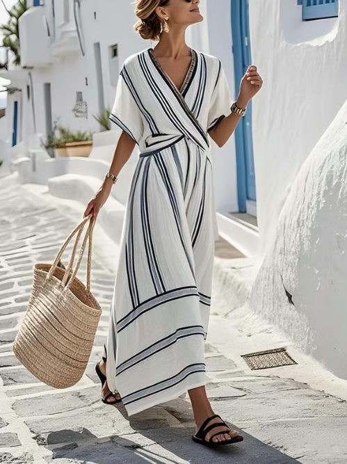 Ariah™ Elegant Cross-Neck Linen Dress
