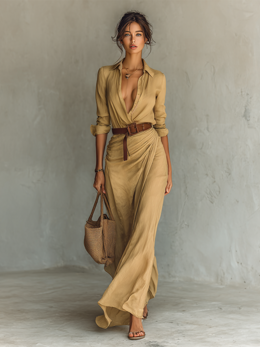 Mallory™ Long Maxi Dress with Lapel Collar & Belt