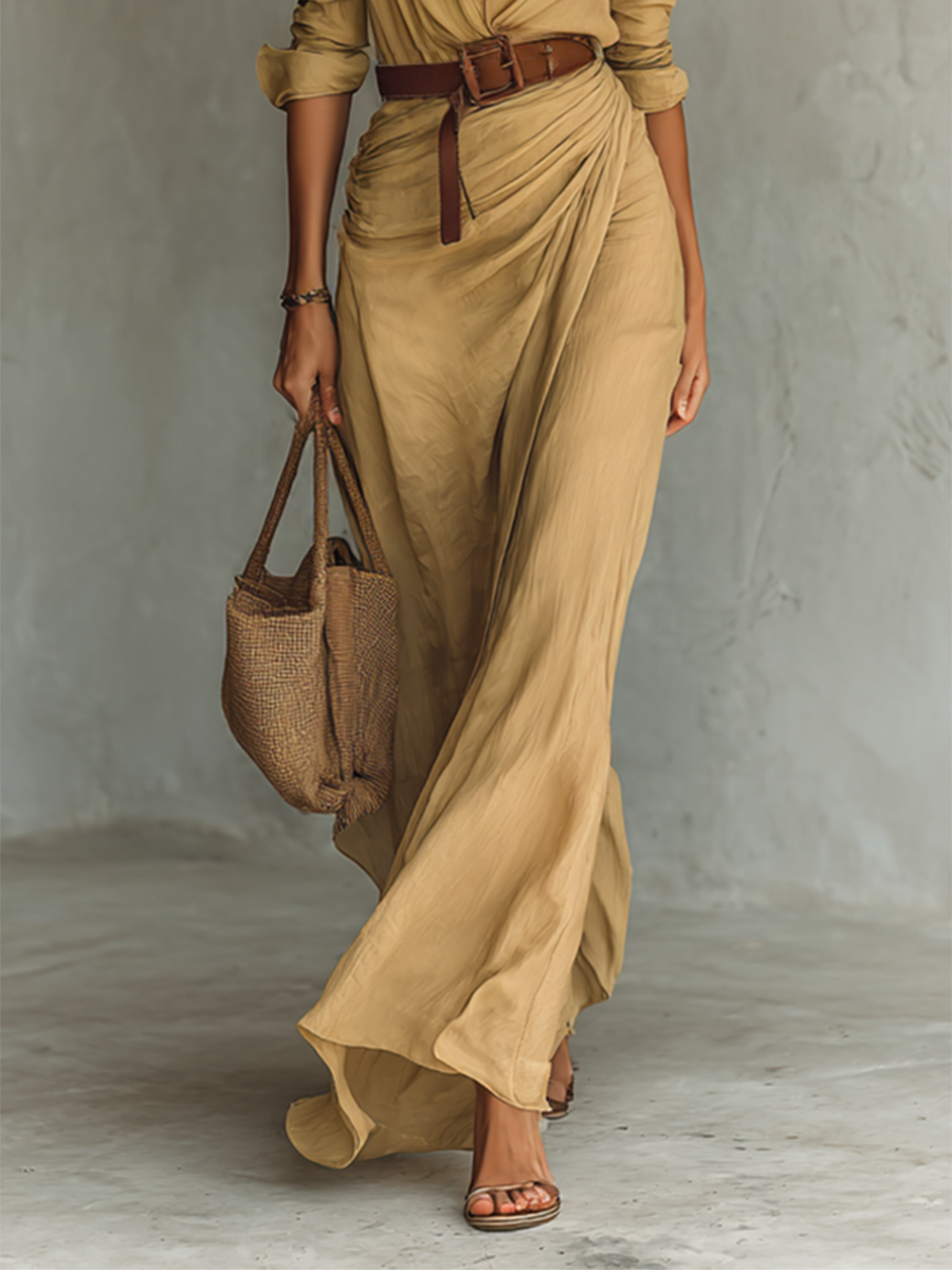 Mallory™ Long Maxi Dress with Lapel Collar & Belt